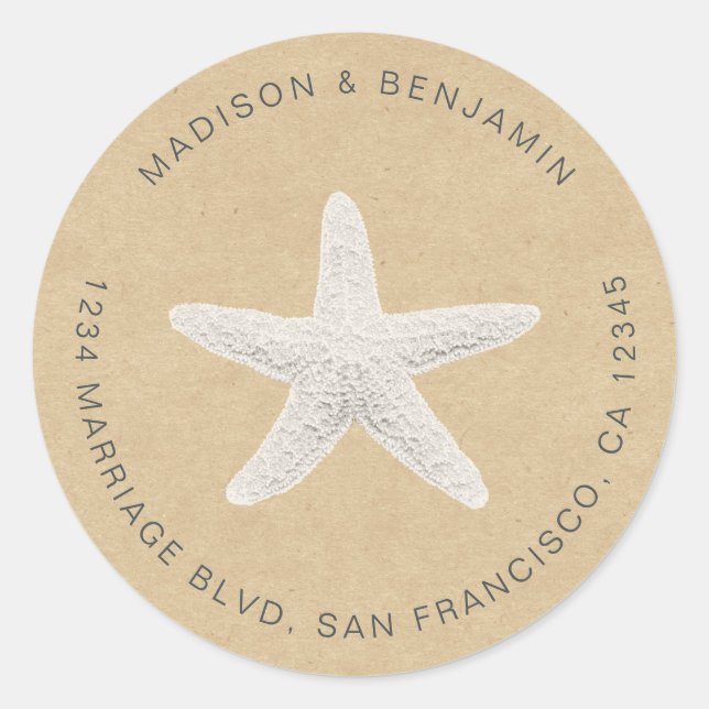 Pegatina Redonda Starfish Beach Wedding Return Address Kraft (Anverso)