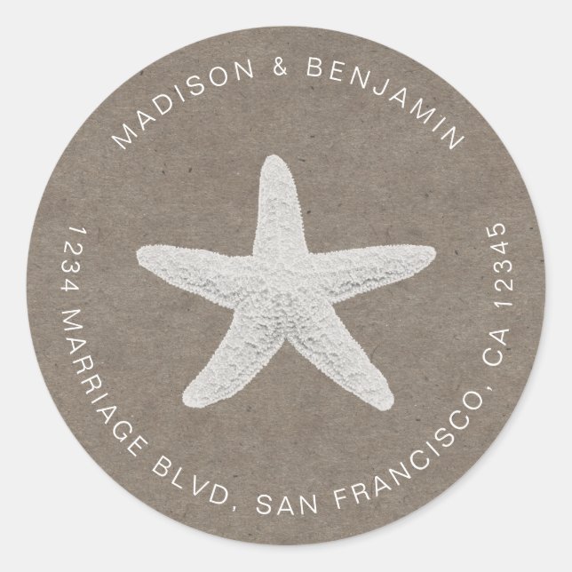 Pegatina Redonda Starfish Beach Wedding Return Address Kraft (Anverso)