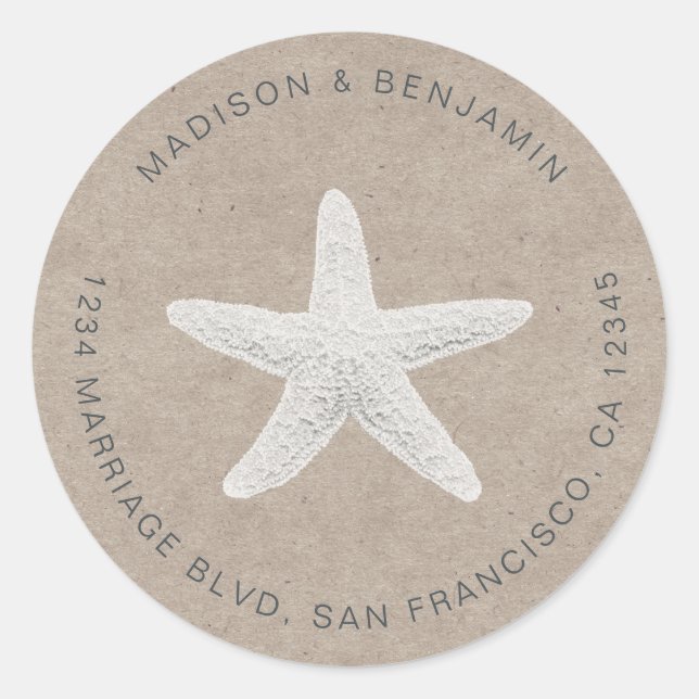 Pegatina Redonda Starfish Beach Wedding Return Address Kraft (Anverso)