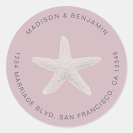Pegatina Redonda Starfish Beach Wedding Return Address Purple