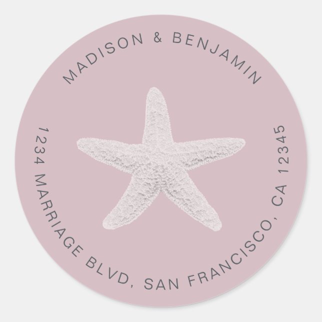 Pegatina Redonda Starfish Beach Wedding Return Address Purple (Anverso)