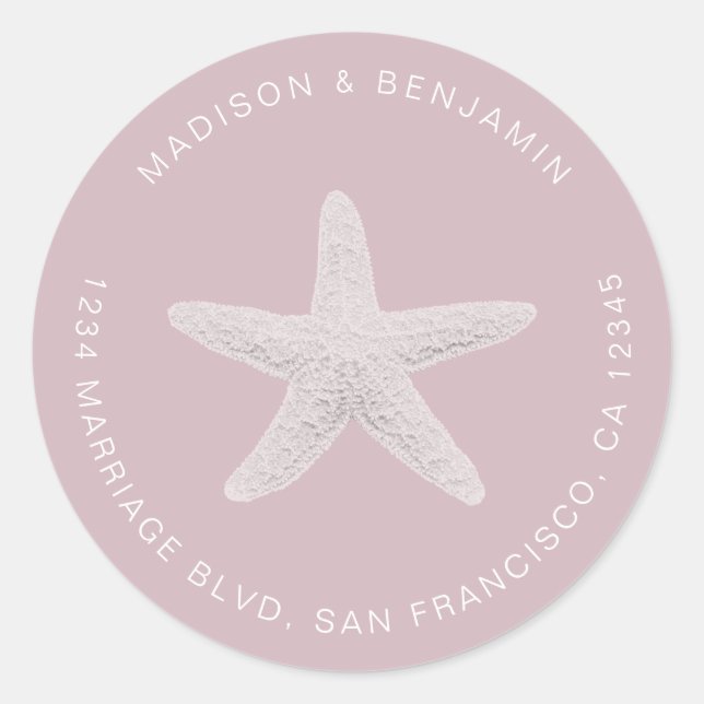 Pegatina Redonda Starfish Beach Wedding Return Address Purple (Anverso)