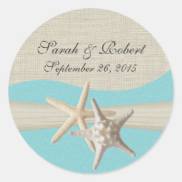 Pegatina Redonda Starfish & Burlap Aqua