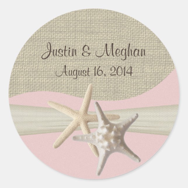 Pegatina Redonda Starfish & Burlap Pink (Anverso)