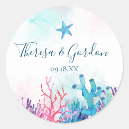 Pegatina Redonda Starfish de coral, Pegatinas de bodas de playa