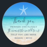 Pegatina Redonda Starfish de playa Gracias Favor De Boda<br><div class="desc">Bodas favorecen a los pegatinas para su boda en la playa con una escena de playa con diseño de tinta azul marino,  genial por agradecer a su familia y amigos por asistir a la celebración de su boda.</div>