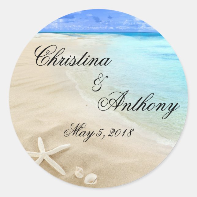 Pegatina Redonda Starfish Destination Beach Wedding favorece las et (Anverso)