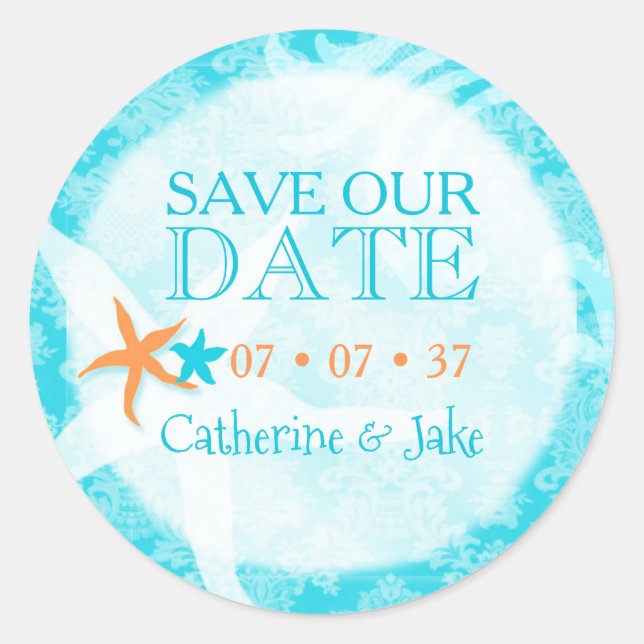 Pegatina Redonda Starfish Dream Beach Wedding Save the Date (Anverso)