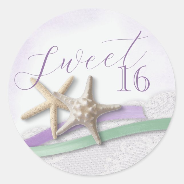 Pegatina Redonda Starfish Lavender and Mint Ribbon Sweet 16 (Anverso)