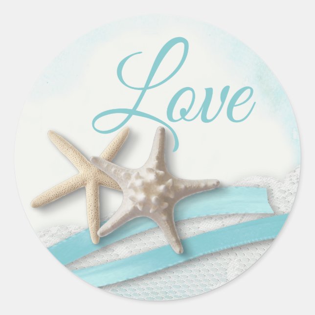 Pegatina Redonda Starfish Love Ocean Blue Ribbon and Lace (Anverso)