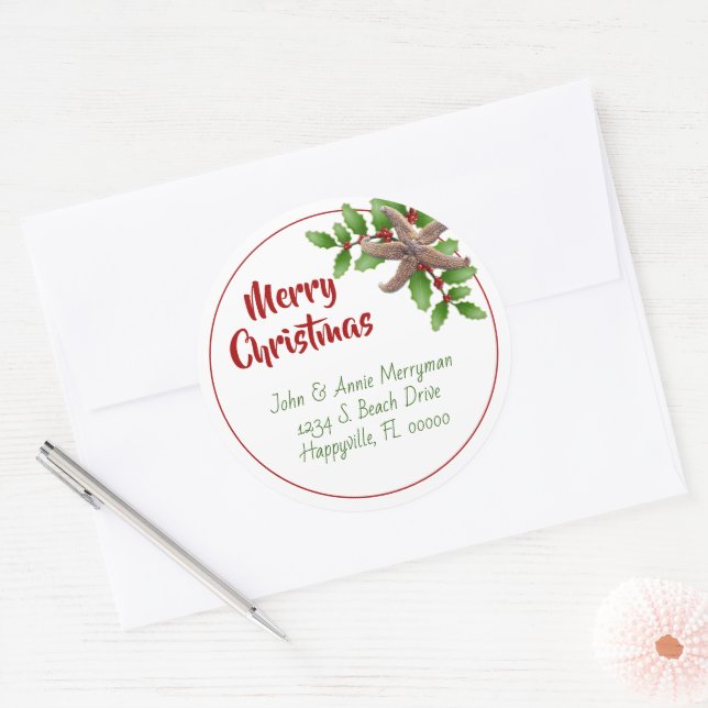 Pegatina Redonda Starfish n Holly Green Beach Christmas Gigantes de (Sobre)