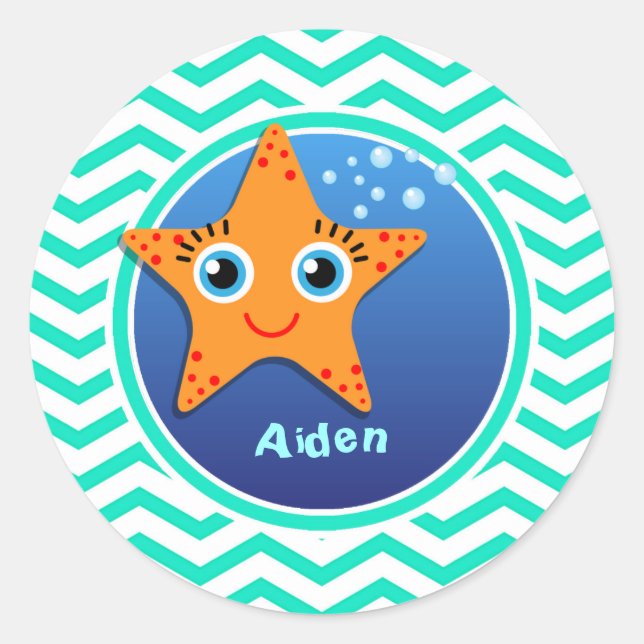 Pegatina Redonda Starfish naranja; Aqua Green Chevron (Anverso)