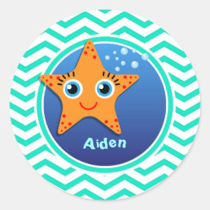 Pegatina Redonda Starfish naranja; Aqua Green Chevron