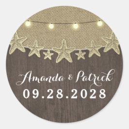 Pegatina Redonda Starfish Rustic Lights Beach Wedding Favor