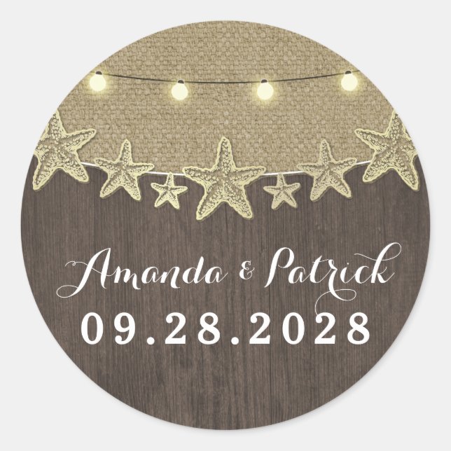 Pegatina Redonda Starfish Rustic Lights Beach Wedding Favor (Anverso)