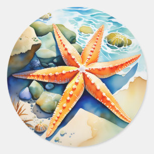 Pegatina Redonda Starfish Serenity Watercolor