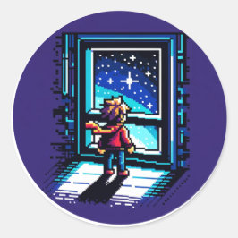 Pegatina Redonda Stargazer en la ventana Dreamy Pixel Art Night Sky
