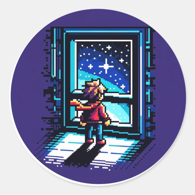 Pegatina Redonda Stargazer en la ventana Dreamy Pixel Art Night Sky (Anverso)