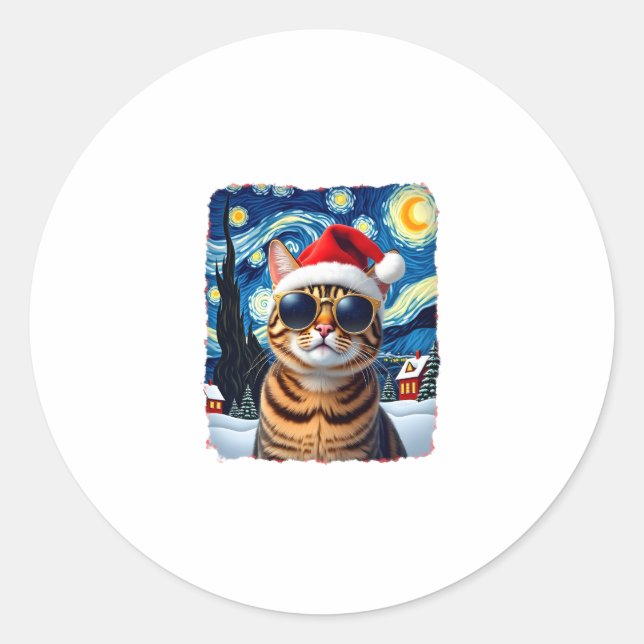 Pegatina Redonda Starry Night Orange Tabby Cat Christmas (Anverso)