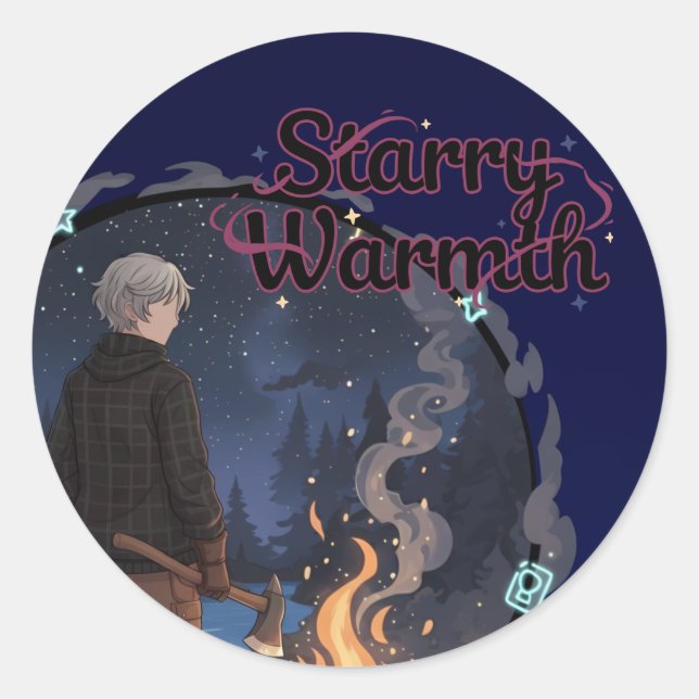 Pegatina Redonda Starry Warmth - Lumberjack Anime Boy by Campfire (Anverso)