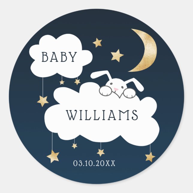 Pegatina Redonda Stars Moon Bunny Gold Navy Baby Shower (Anverso)