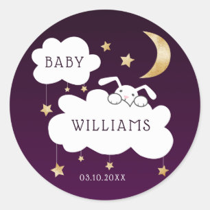 Pegatina Redonda Stars Moon Bunny Gold Purple Baby Shower
