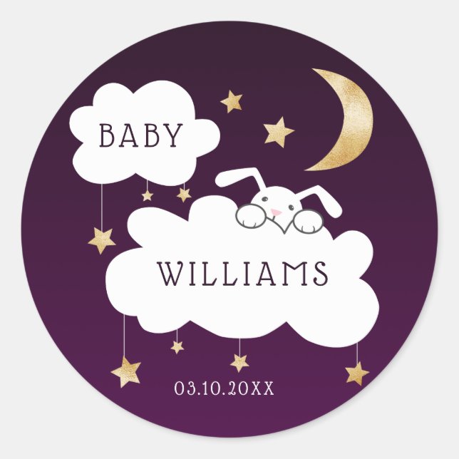 Pegatina Redonda Stars Moon Bunny Gold Purple Baby Shower (Anverso)