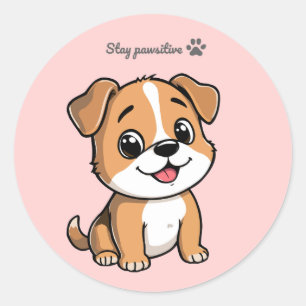 Pegatina Redonda Stay Pawsitive Cute Puppy Sticker – Pastel Pink