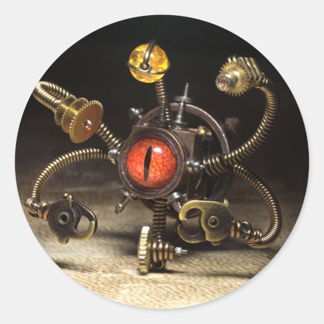 Pegatina Redonda Steampunk Beholder Robot (Anverso)