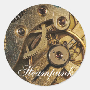Pegatina Redonda Steampunk: Corazón de latón. Mecanismo de reloj