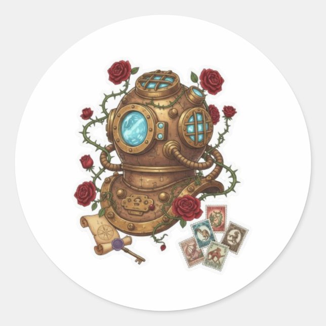 Pegatina Redonda Steampunk Deep Sea Diver Helmet Fantasy Illustrati (Anverso)