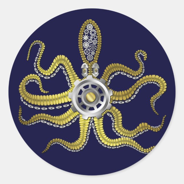 Pegatina Redonda Steampunk Gears Octopus Kraken (Anverso)