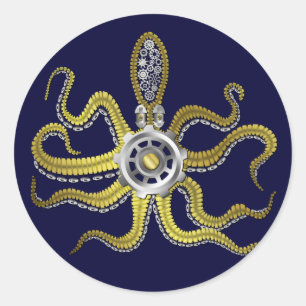 Pegatina Redonda Steampunk Gears Octopus Kraken