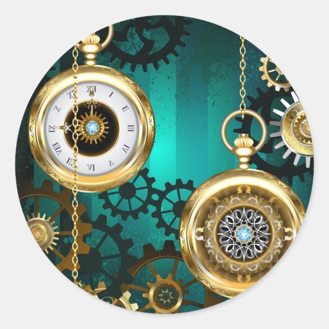 Pegatina Redonda Steampunk Jewelry Watch sobre un fondo verde (Anverso)