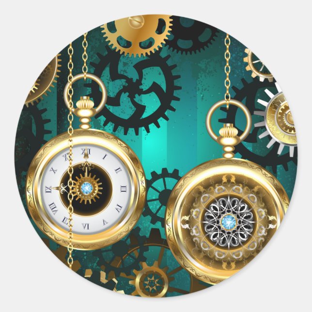 Pegatina Redonda Steampunk Jewelry Watch sobre un fondo verde (Anverso)