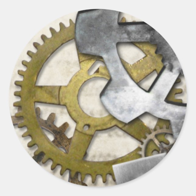 Pegatina Redonda Steampunk Metalizado Gears Industrial Pegatina. (Anverso)