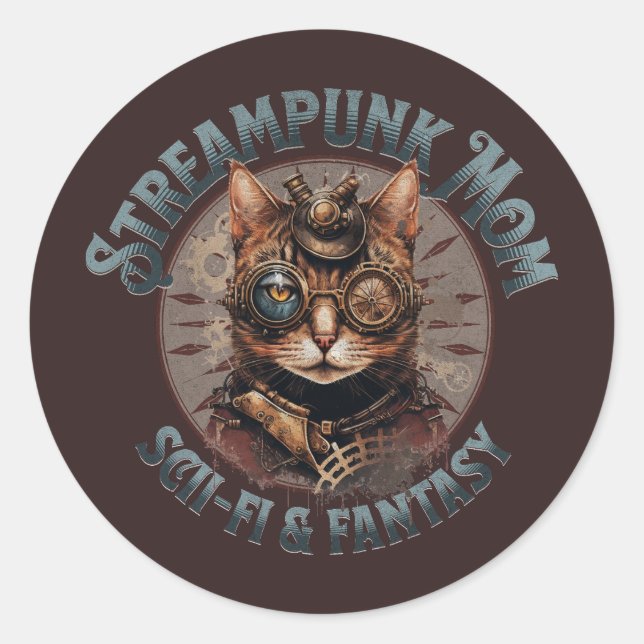 Pegatina Redonda Steampunk Mom Cat (Anverso)