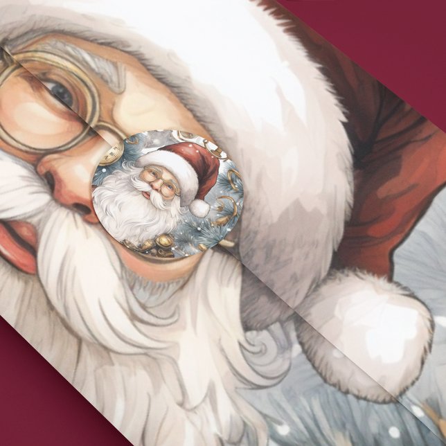 Pegatina Redonda Steampunk Santa Claus Clock Work y Snowy Treys (Steampunk Santa Claus with clockwork and snowy trees for the Christmas holidays sticker)