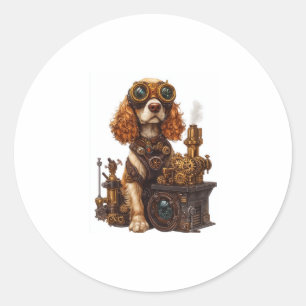 Pegatina Redonda Steampunk Spaniel � victoriano inventor de perros