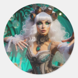 Pegatina Redonda Steampunk Victorian Futurista Bailarina Verde