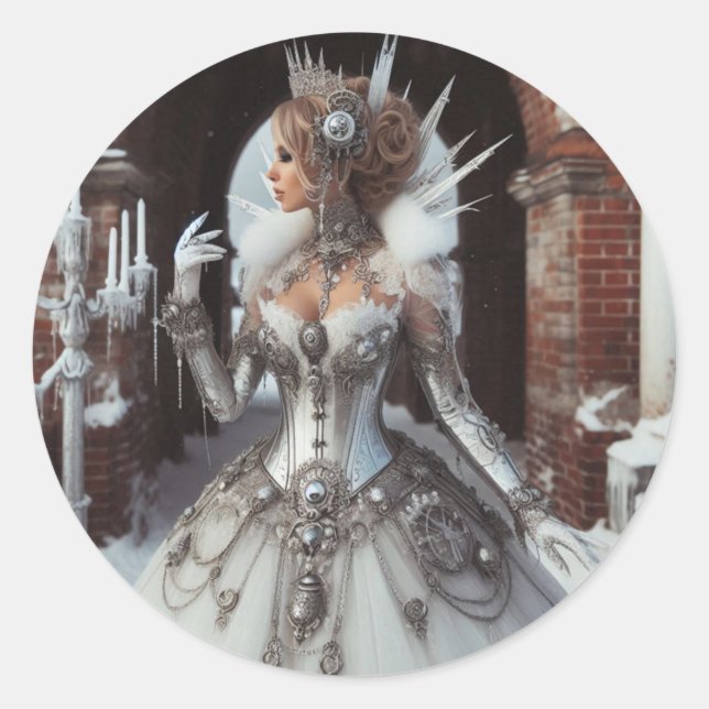 Pegatina Redonda Steampunk Victorian Industrial Winter Queen (Anverso)