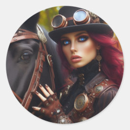 Pegatina Redonda Steampunk Victorian Lady Dark Rider