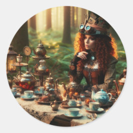 Pegatina Redonda Steampunk Vintage Victorian Lady Mad Hatter