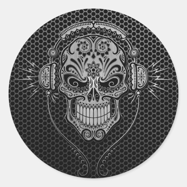 Pegatina Redonda Steel Mesh DJ Sugar Skull (Anverso)