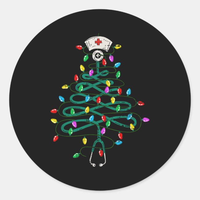 Pegatina Redonda Stethoscope Christmas Tree Lights Nurse Christmas  (Anverso)