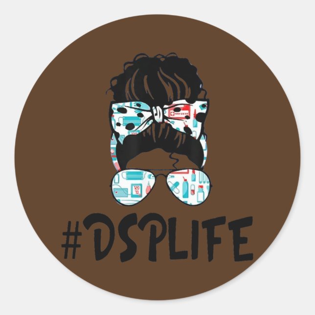 Pegatina Redonda Stethoscope esencial de vida de DSP Messy Bun Chic (Anverso)