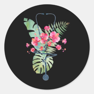Pegatina Redonda Stethoscope Flores Tropicales Summer Aloha Hawaii