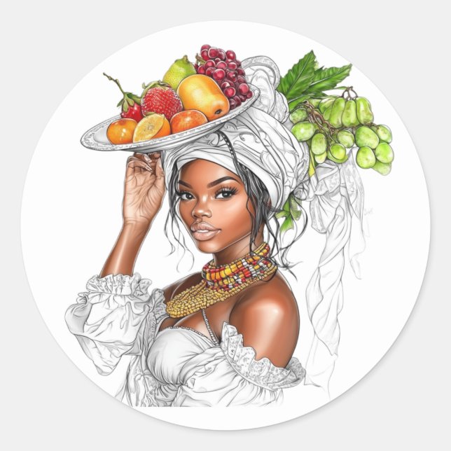 Pegatina Redonda Sticker. Beautiful girl with fruits (Anverso)