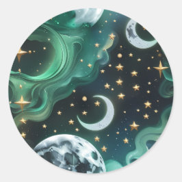 Pegatina Redonda Sticker - Emerald Green Celestial Moon Mystic Luna