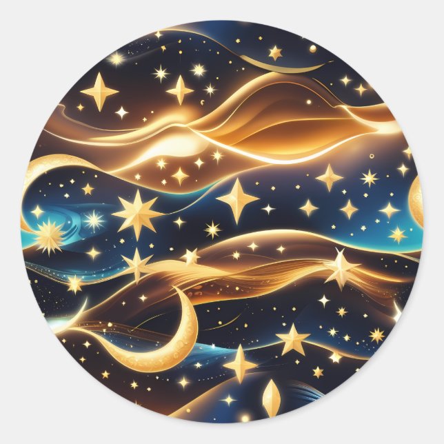 Pegatina Redonda Sticker - Golden Ochre Celestial Moon Lunar Design (Anverso)